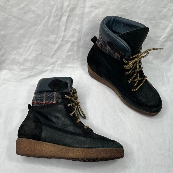 coolway Black Leather Plaid trim Lace Up Ankle Boots US 7 - Picture 3 of 14